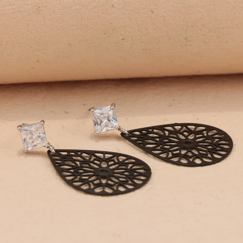 Ethnic Black Floral Drop Earrings - Symmetrical and Asymmetrical Design