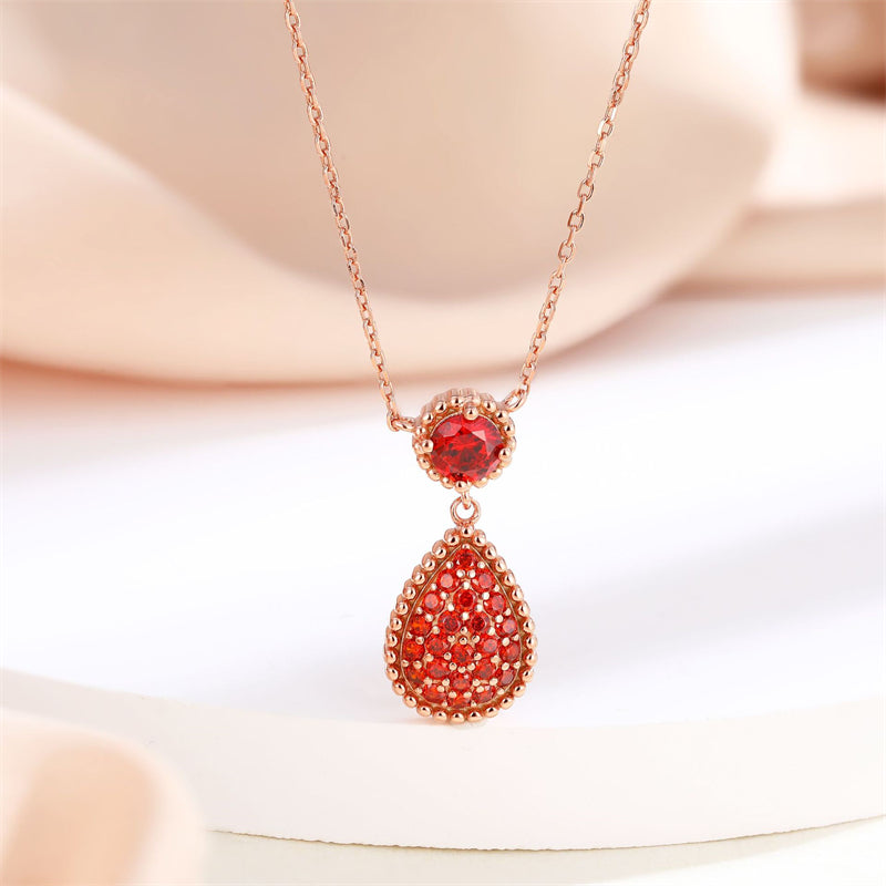 925 Rose Gold Plated Sterling Silver Pendant Necklace - Garnet Red Zirconia Celestial Collarbone Chain