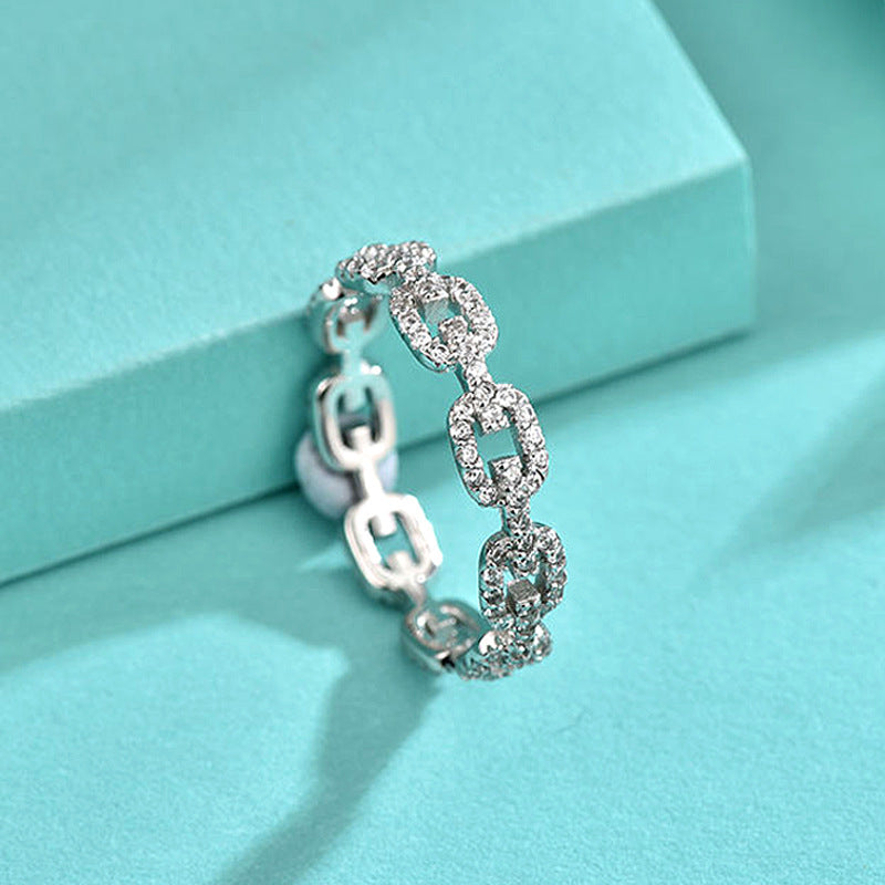 925 Silver Chain Link Geometric Ring with Zircon Stones White/Yellow Gold Plated Women's Chic Jewelry Size 6-8