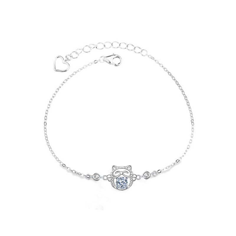 925 Silver Lucky Cat Bracelet with 0.5ct Moissanite Travel Jewelry Rhodium Plated