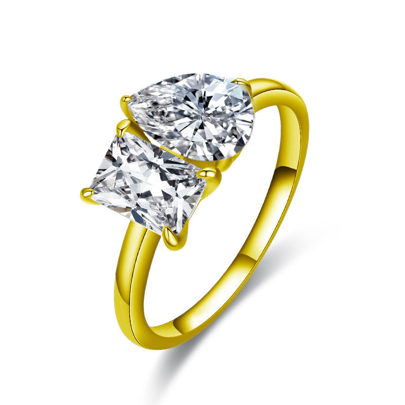 925 Silver Teardrop Double Moissanite Ring with Square Accents Rhodium Plated Women's Jewelry Size 5-9