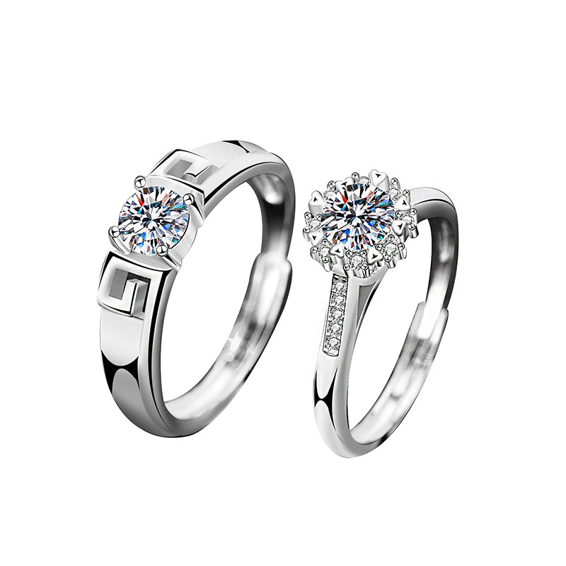 925 Sterling Silver Adjustable Heart Couple Rings with 0.5ct Moissanite - White Gold Plated Minimalist Chinese-Inspired Wedding Bands