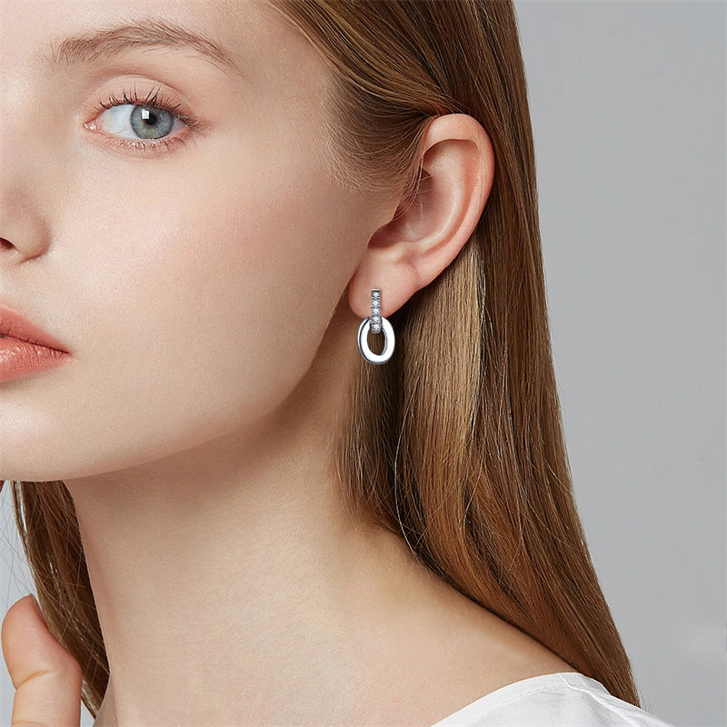 925 Sterling Silver Asymmetric Hoop Earrings - Elegant Fringe Double Ring Statement Earrings