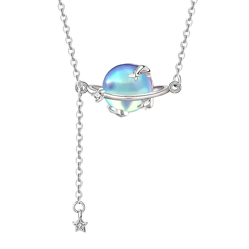 925 Sterling Silver Aurora Planet Pendant Necklace with Moonstone Cross Chain Women's Bohemian Jewelry