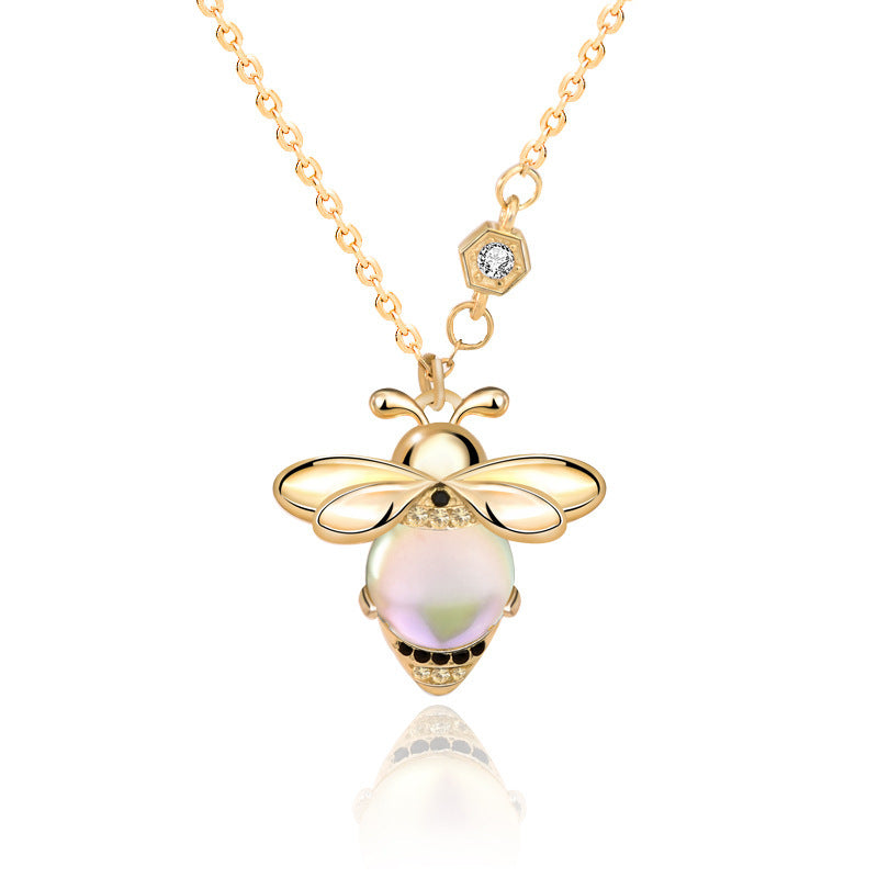 925 Sterling Silver Bee Pendant Necklace with Moonstone Cross Chain Women's Rhodium Plated Delicate Jewelry