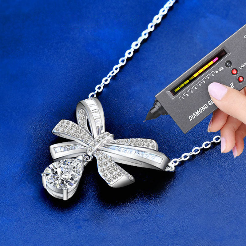 925 Sterling Silver Bow & Teardrop Pendant Necklace with Moissanite Cross Chain Women's Bold Statement Jewelry