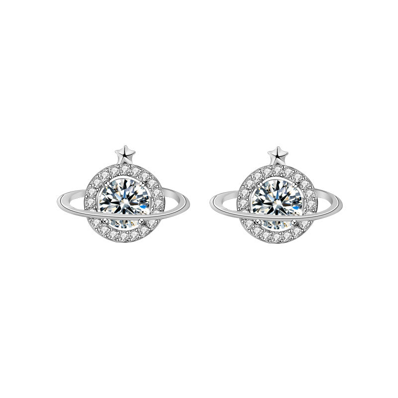 925 Sterling Silver Celestial Stud Earrings with 0.5ct White Moissanite Elegant Planet-Themed Jewelry for Women