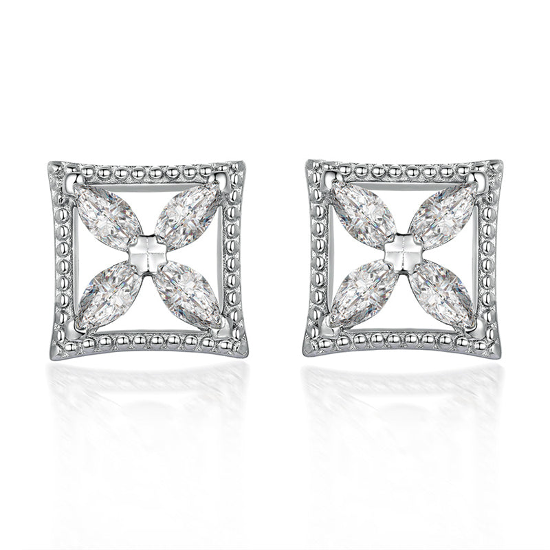925 Sterling Silver Clover Marquise Earrings for Women Elegant Square Zircon Studs White Gold Plated