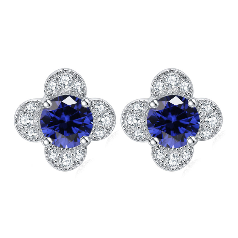 925 Sterling Silver Clover & Plum Blossom Stud Earrings – Dainty Birthstone Floral Collection