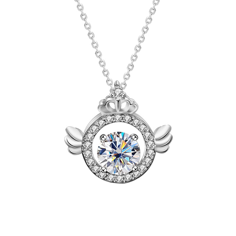925 Sterling Silver Crown Angel Pendant Necklace with 1ct Moissanite Cross Chain Women's Fairy Style Jewelry