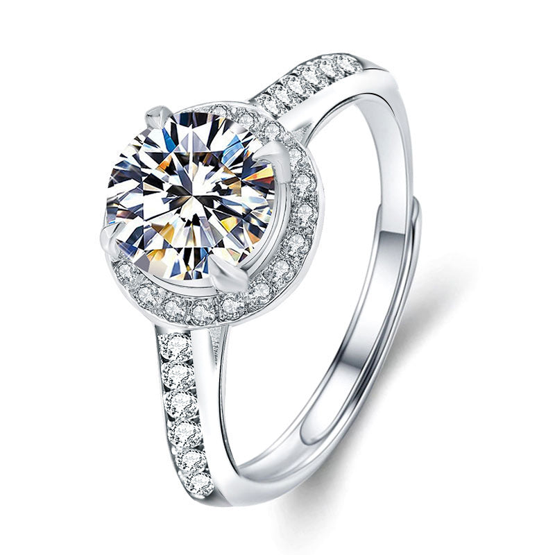 Elegant 1ct/2ct D Color Moissanite Women's Ring-Adjustable Open/Closed Heart & Arrow Zircon Halo, Fashion OL White Gold Plated Geometric Wedding Band (Sizes 5-8)
