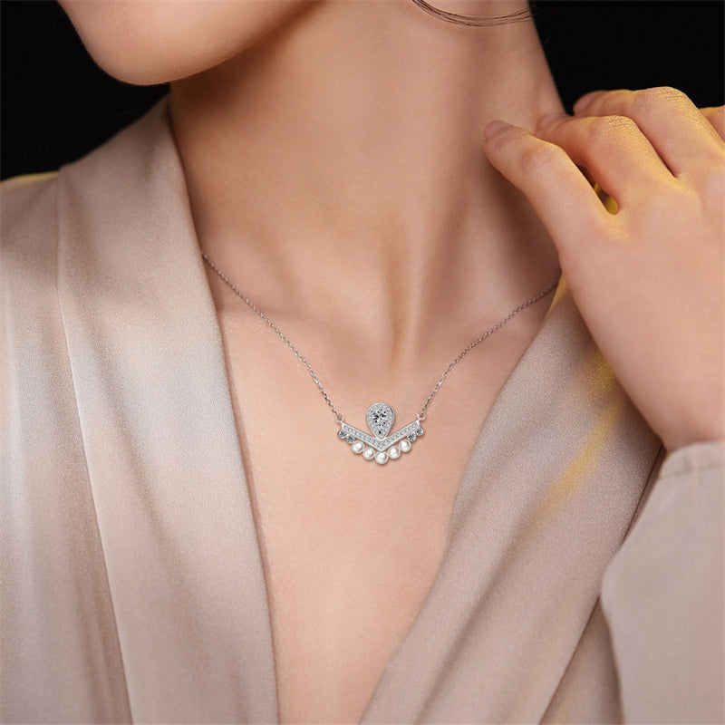 925 Sterling Silver Crown Pearl Pendant Necklace - Elegant Teardrop & Zirconia Collarbone Chain