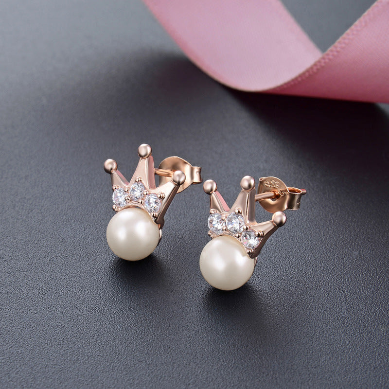 925 Sterling Silver Crown Pearl Stud Earrings - Korean Style Mother-of-Pearl Earrings with Diamond Accents & Plastic Ear Stoppers
