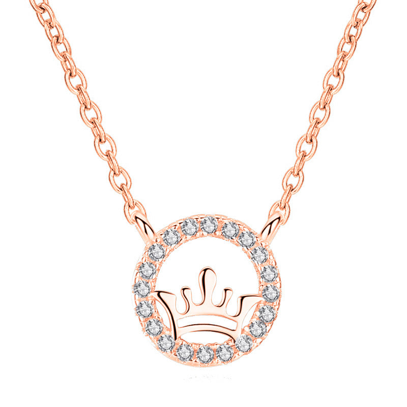 925 Sterling Silver Crown Pendant Necklace with Zircon White Gold or Rose Gold Plated Korean Style Dainty Jewelry