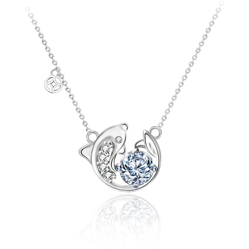 925 Sterling Silver Fish Pendant Necklace with 1ct Moissanite Cross Chain Women's White Gold Plated Jewelry