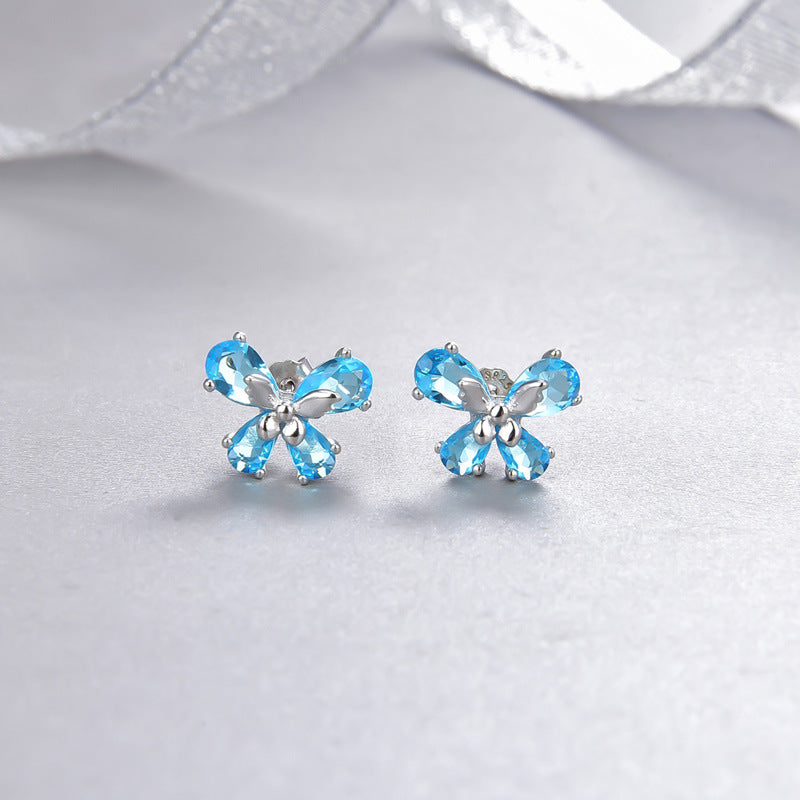 925 Sterling Silver Floral Stud Earrings - Korean Style Crystal Geometric Earrings with Plastic Stoppers