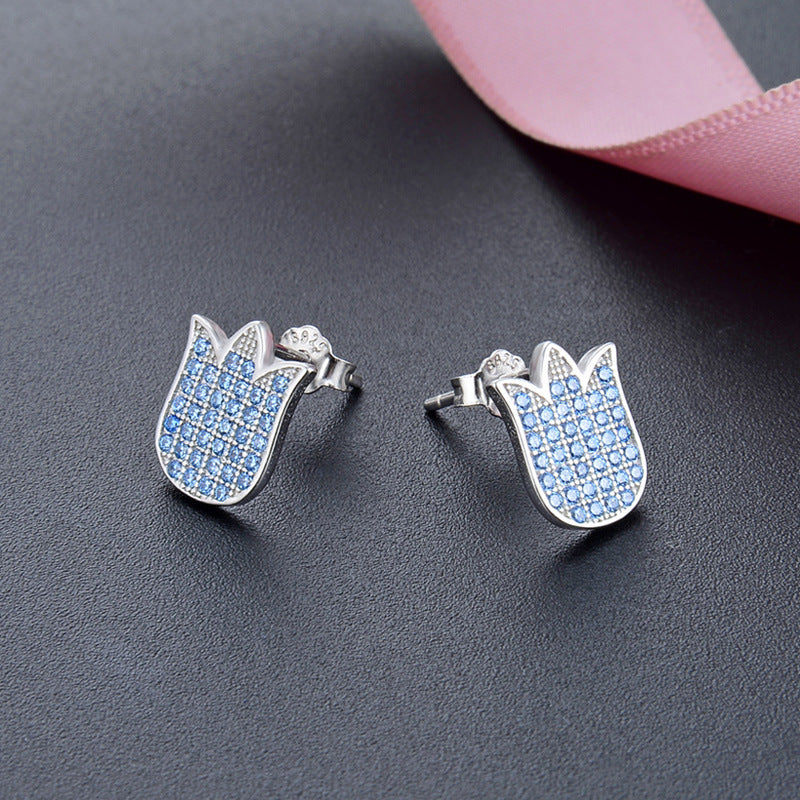 925 Sterling Silver Floral Stud Earrings - Korean Style Diamond Geometric Earrings with Plastic Stoppers