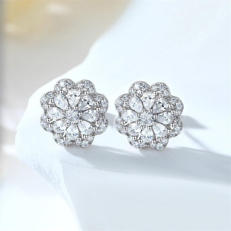 925 Sterling Silver Floral Stud Earrings for Women Elegant Zircon Flower Jewelry White Gold Plated
