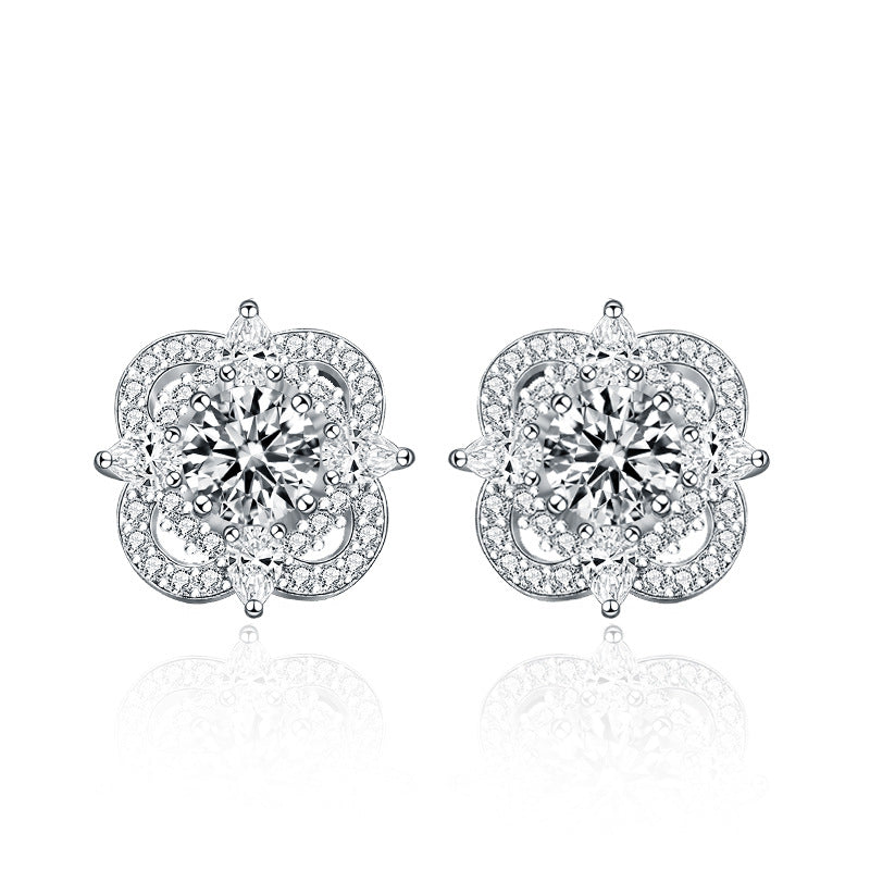 925 Sterling Silver Floral Stud Earrings with 0.5ct Moissanite Elegant European Style Jewelry for Women