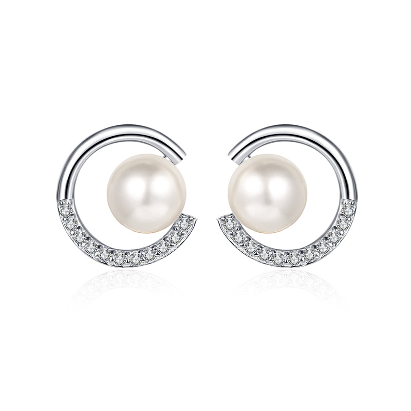 925 Sterling Silver Geometric Stud Earrings - 0.13ct Moissanite & Flawless Freshwater Pearls