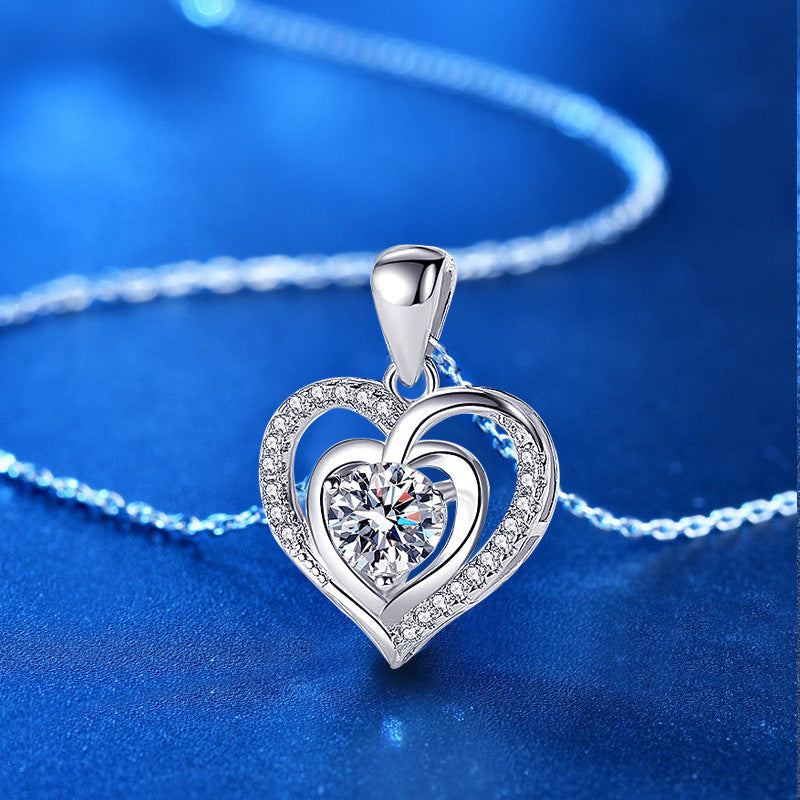 925 Sterling Silver Heart Pendant Couple Necklace with 1ct or 3ct Moissanite Cross Chain White Gold Plated Casual Love Jewelry