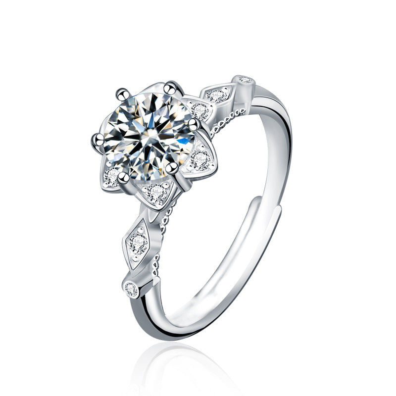 925 Sterling Silver Hexagram Adjustable Ring with 1ct Moissanite - White Gold Plated Minimalist Women's Band