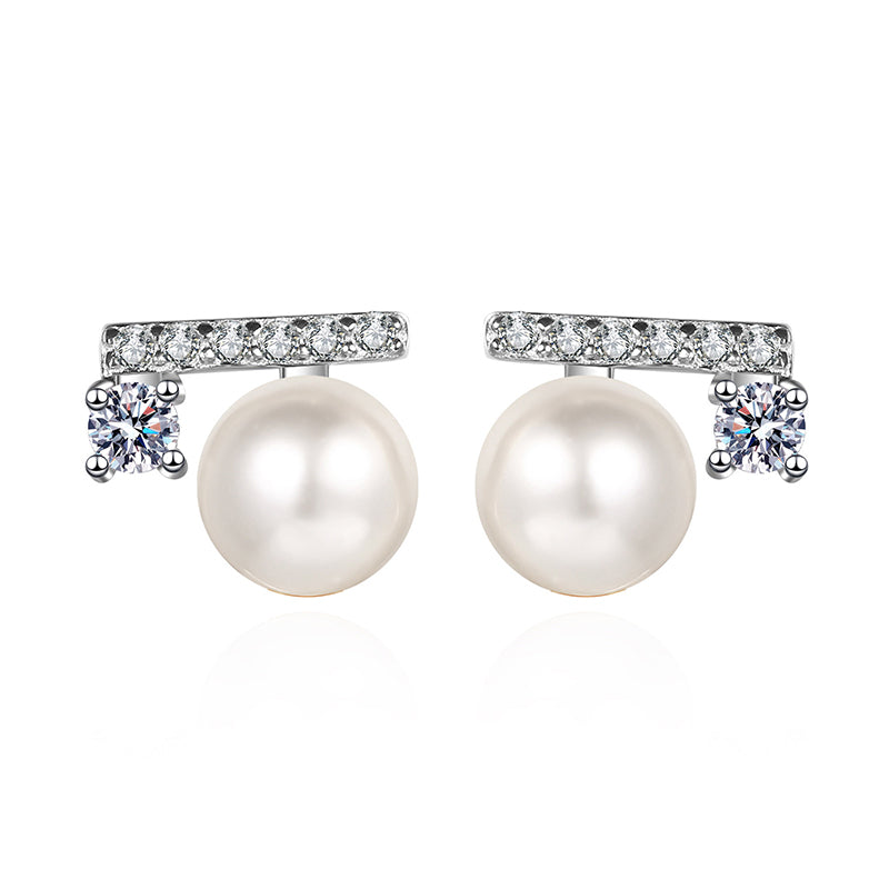 925 Sterling Silver Initial Stud Earrings - 0.22ct Moissanite & 6-7mm Pearls with Platinum Plating