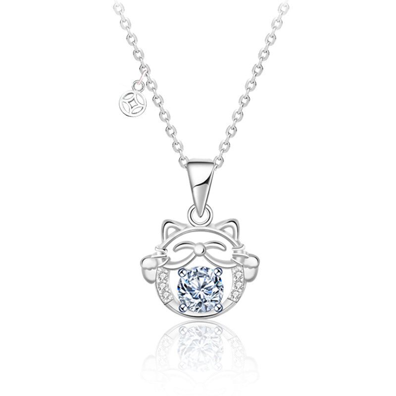 925 Sterling Silver Lucky Cat Pendant Necklace with 0.5ct Moissanite & Adjustable Cross Chain Original Asian Inspired Design
