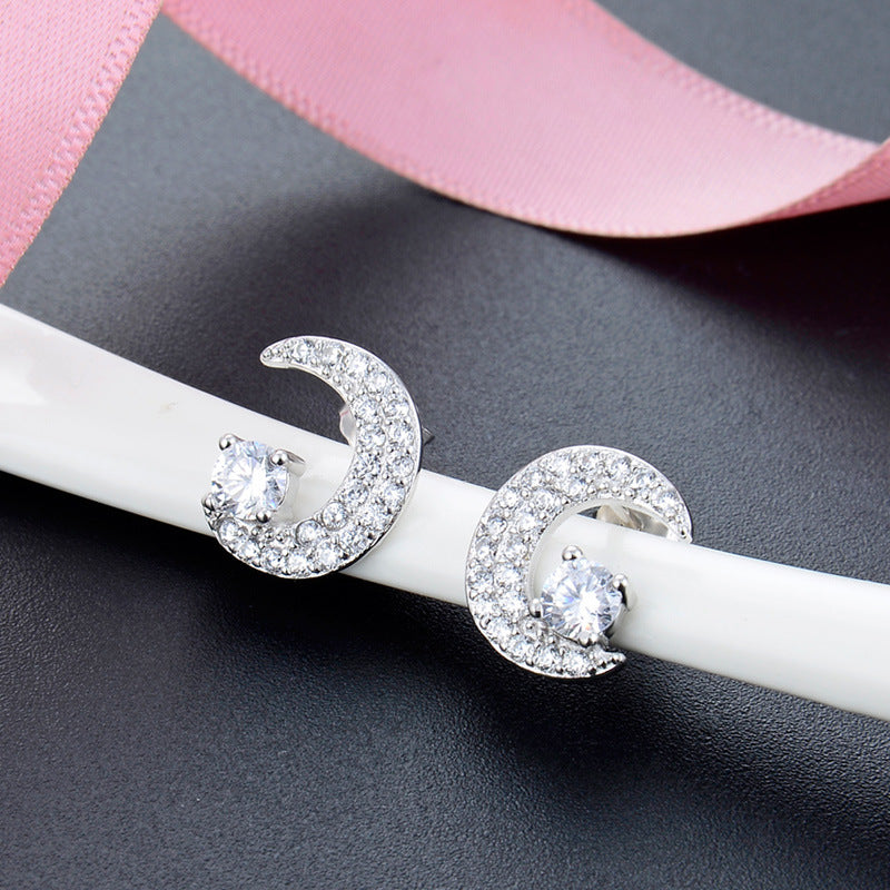 925 Sterling Silver Moon CZ Stud Earrings - Korean Geometric Celestial Earrings with Plastic Backs