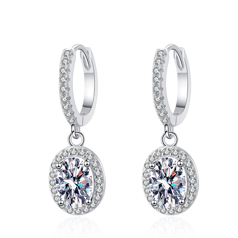 925 Sterling Silver Oval Moissanite Huggie Hoops - PT950 Gold Plated (2CT Total)
