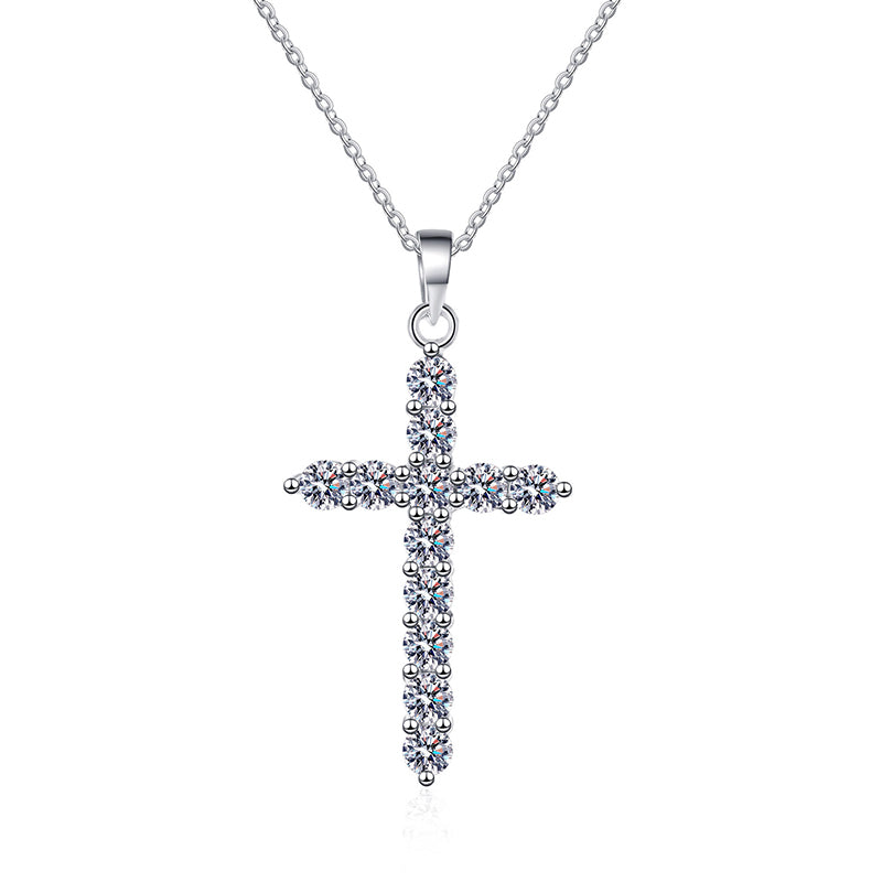 925 Sterling Silver PT950-Plated Cross Pendant Necklace - Moissanite Layered Collarbone Chain