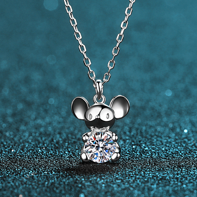 925 Sterling Silver PT950-Plated Mouse Pendant Necklace - 0.5CT Moissanite Zodiac Collarbone Chain
