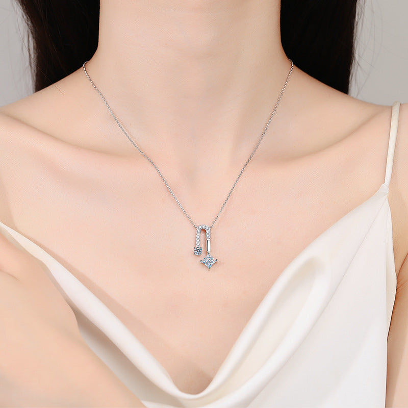 925 Sterling Silver PT950-Plated Square Pendant Necklace - 1.3CT Moissanite Minimalist Luxury Chain