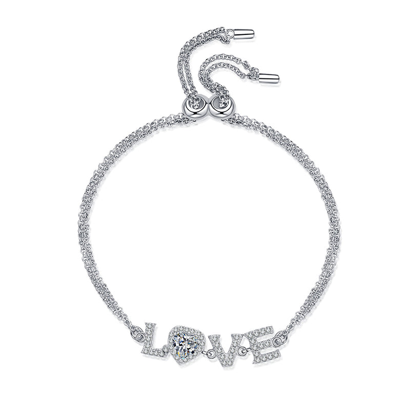 Elegant Stackable "Love" Letter Necklace for Women - 0.5ct Moissanite or 5mm Heart Zircon Choice in 925 Silver with 5-Layer Rhodium Plating