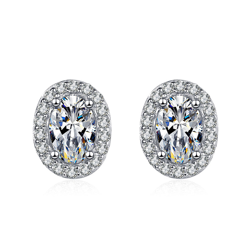 925 Sterling Silver PT950 Platinum Plated Oval Moissanite Stud Earrings - Geometric Minimalist Earrings (0.5ct-1ct per Earring)