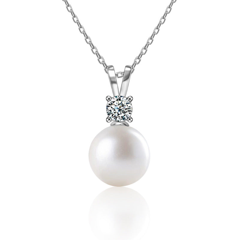 925 Sterling Silver Pearl Accent Geometric Pendant Multi-Layer Necklace with 0.5ct Moissanite Cross Chain Rhodium Plated