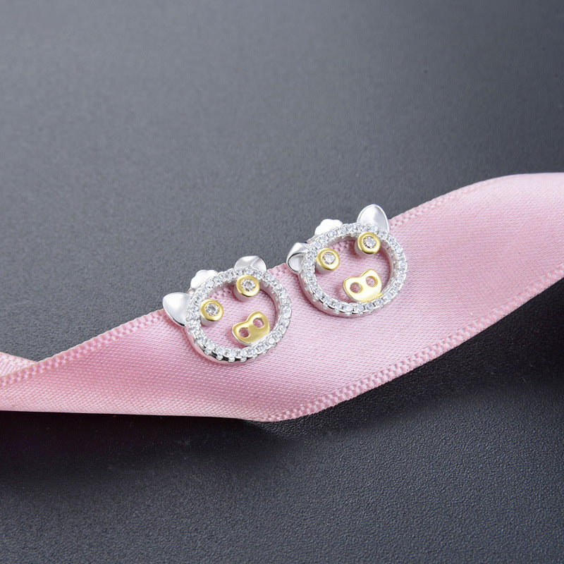 925 Sterling Silver Plated Pig Stud Earrings - Cute Zodiac Animal Earrings with Plastic Backs for Women