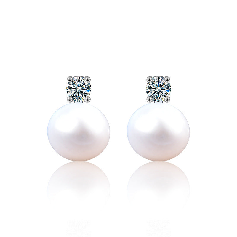 925 Sterling Silver Rhodium Plated Geometric Pearl Earrings with 0.6ct Moissanite Studs Classic Timeless Design for Women