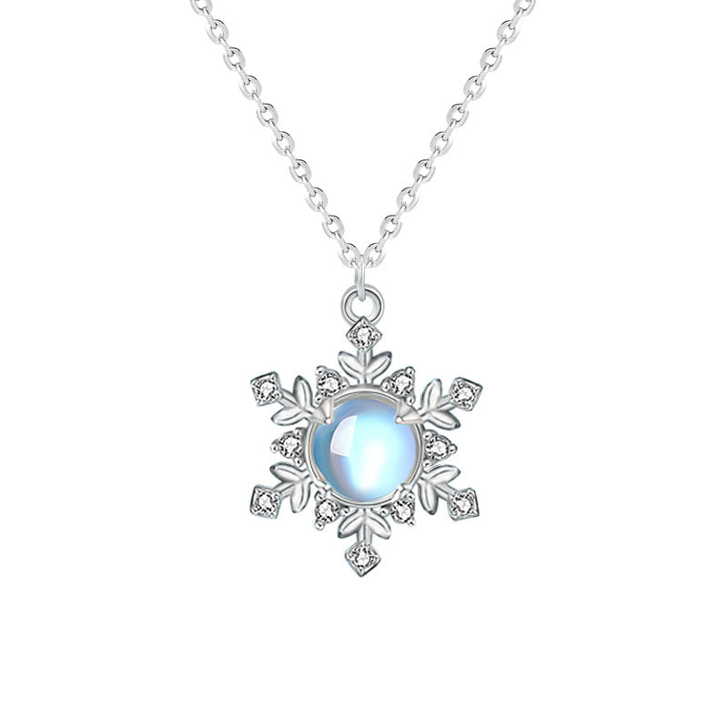 925 Sterling Silver Snowflake Pendant Necklace with Moonstone Cross Chain Women's White Gold Plated Office Jewelry