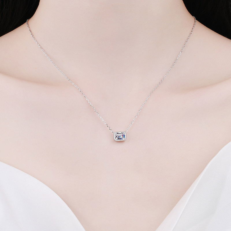 925 Sterling Silver Sugar Cube Pendant Necklace - 1CT Emerald Cut Moissanite PT950-Plated Chain