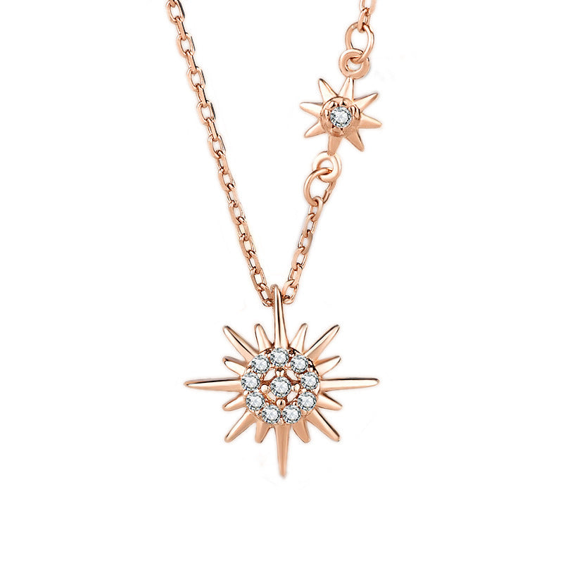 925 Sterling Silver Sun and Star Pendant Necklace with Zircon Cross Chain Women's Nature Inspired Jewelry