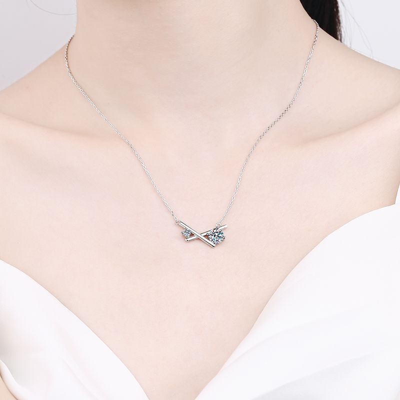925 Sterling Silver X-Cross Pendant Necklace - 1.15CT Moissanite Trendy Collarbone Chain