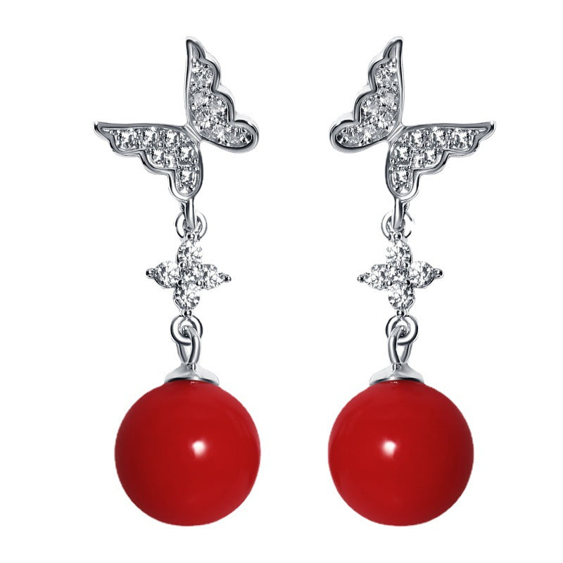925 Sterling Silver Butterfly Pearl Drop Earrings – Elegant Red Pearl & Silver Dangle Jewelry
