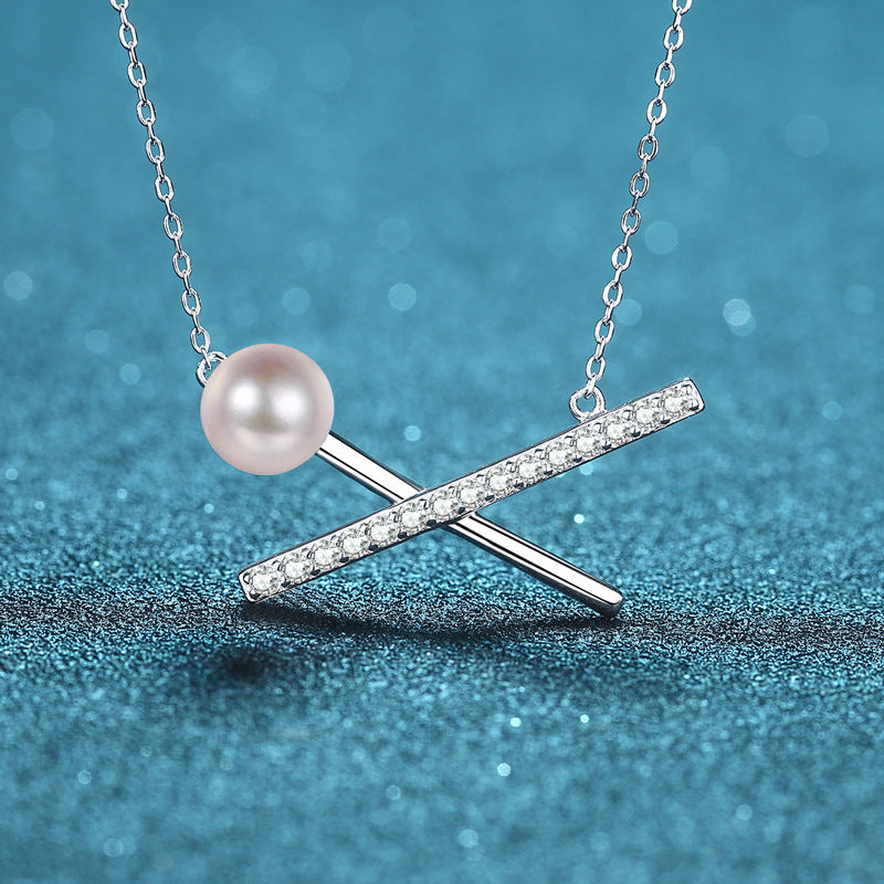 925 Sterling Silver PT950-Plated Cross Necklace - 37.5-Point Moissanite & 8-9mm Pearl Floral-Inspired Layered Choker