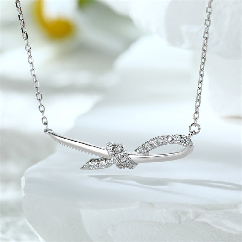 925 Sterling Silver Ribbon Bow Pendant Necklace - Elegant Zirconia Accent Collarbone Chain