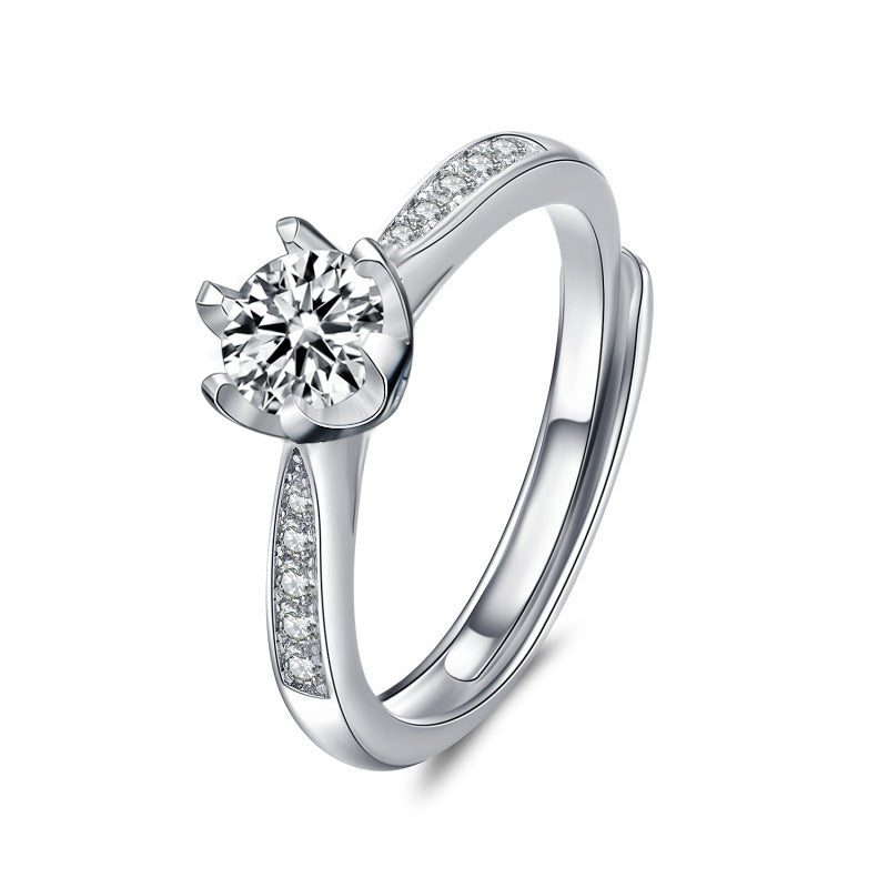 Adjustable Crown Design 925 Silver Ring with 0.5ct Moissanite & Pavé Heavy 0.05um Rhodium Plated Women's Jewelry