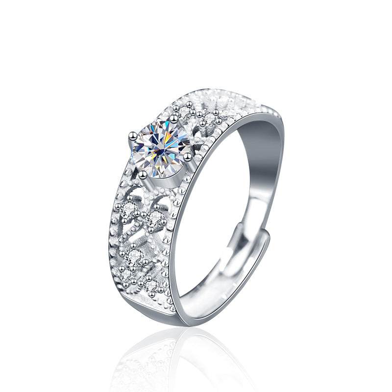 Adjustable Geometric 925 Silver Ring with 0.5ct Moissanite Rhodium Plated Open Band Women's Minimalist Jewelry