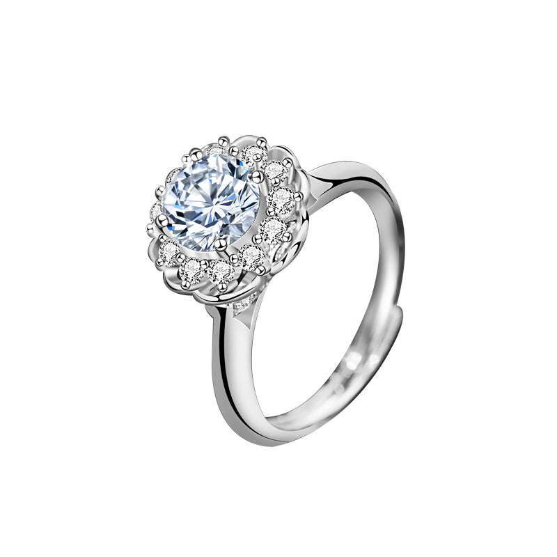 Adjustable Petal Design 925 Silver Ring with 1ct Moissanite Rhodium Plated Women's Luxury Jewelry