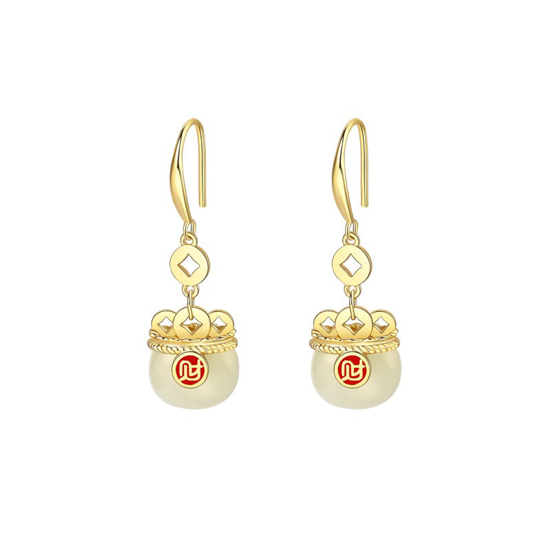 925 Sterling Silver Auspicious Cloud Earrings - Chinese Style Jade Inlaid Jewelry for Women
