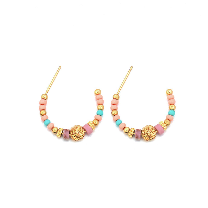 Dainty Floral Geometric Gold-Plated Natural Stone Stud Earrings